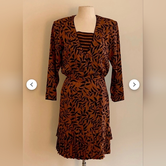 Brown Long Sleeve Wrap Dress with V-Neck - Picture 1 of 14